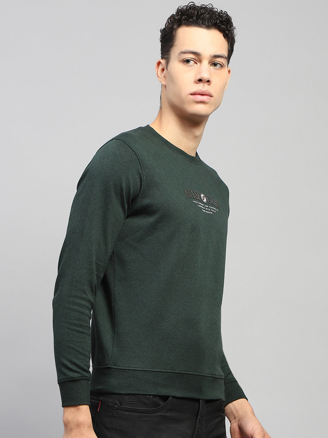 Men Green Printed Round Neck Full Sleeve Winter T-Shirt