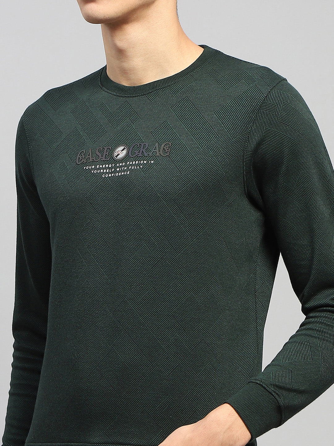 Men Green Printed Round Neck Full Sleeve Winter T-Shirt