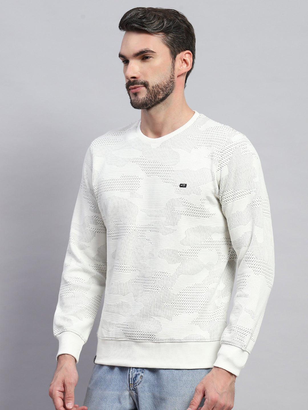 Men White Self Design Round Neck Full Sleeve T-Shirt