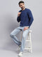 Men Blue Self Design Round Neck Full Sleeve T-Shirt