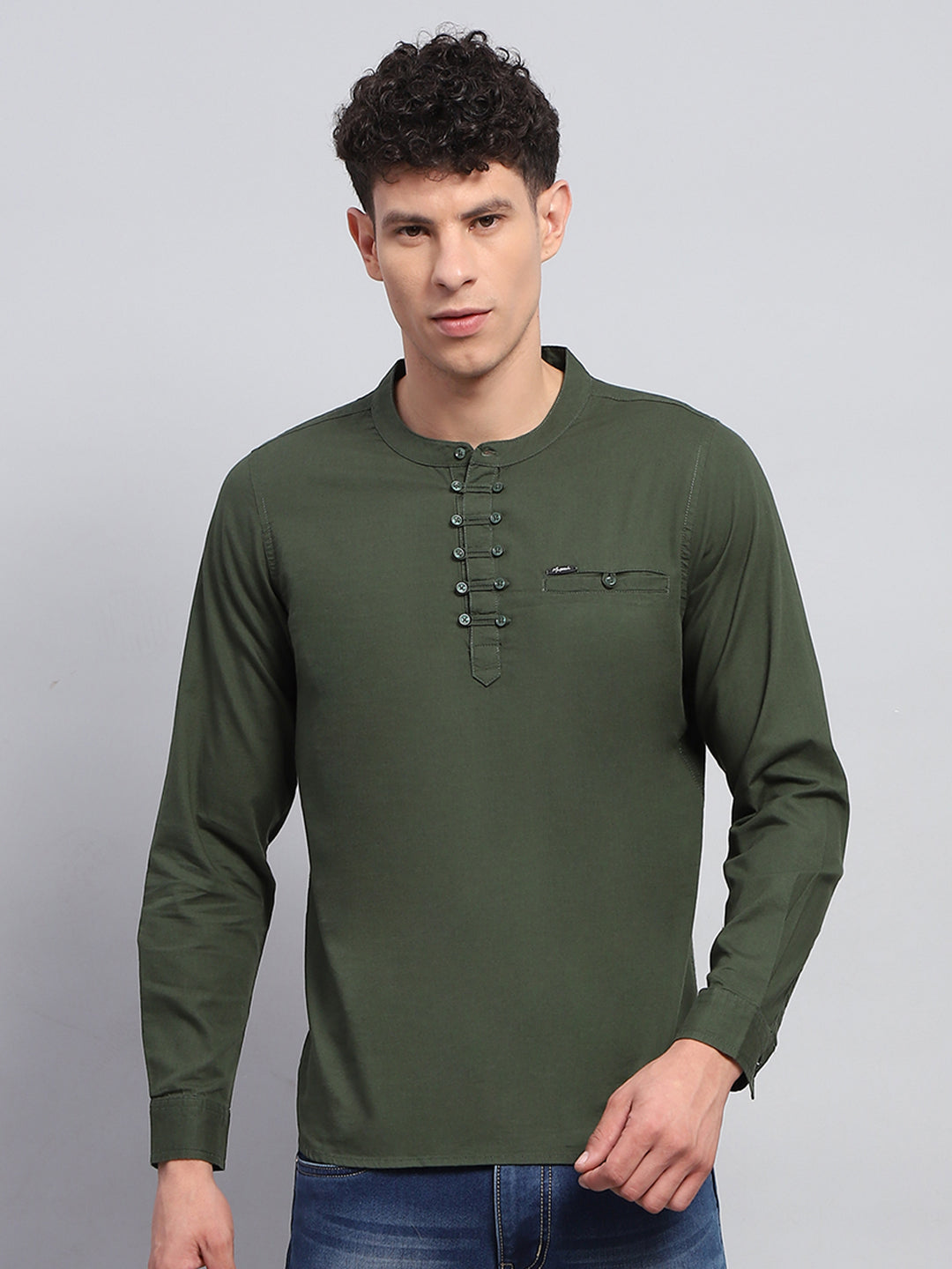 Men Olive Solid Band Collar Full Sleeve Kurta