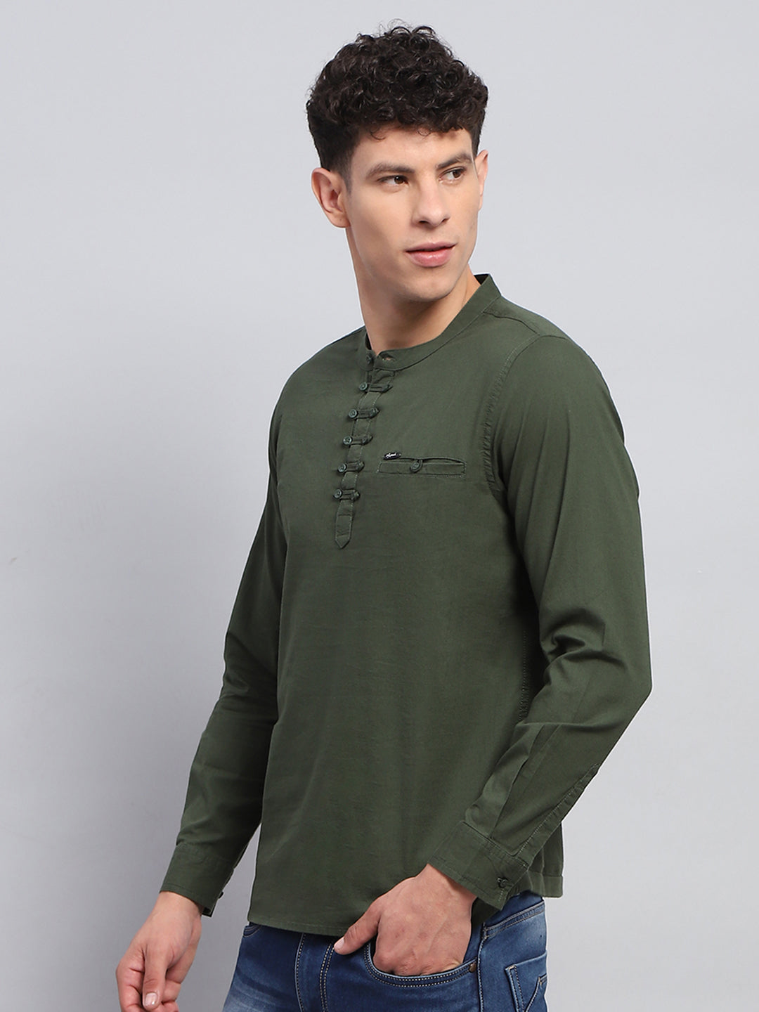 Men Olive Solid Band Collar Full Sleeve Kurta