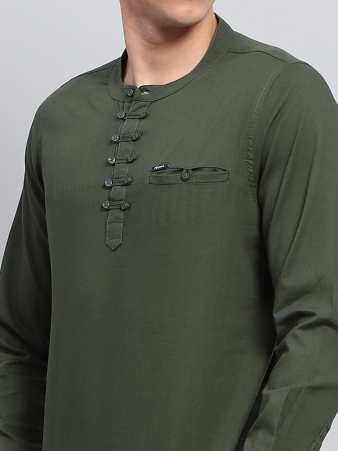 Men Olive Solid Band Collar Full Sleeve Kurta