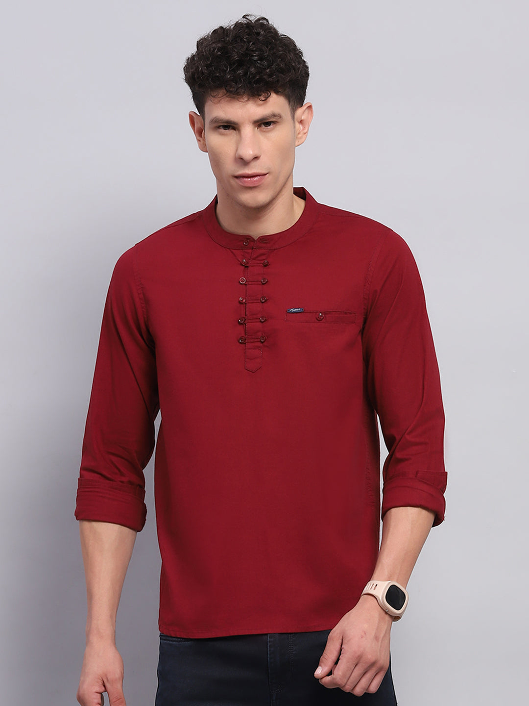 Men Maroon Solid Band Collar Full Sleeve Kurta