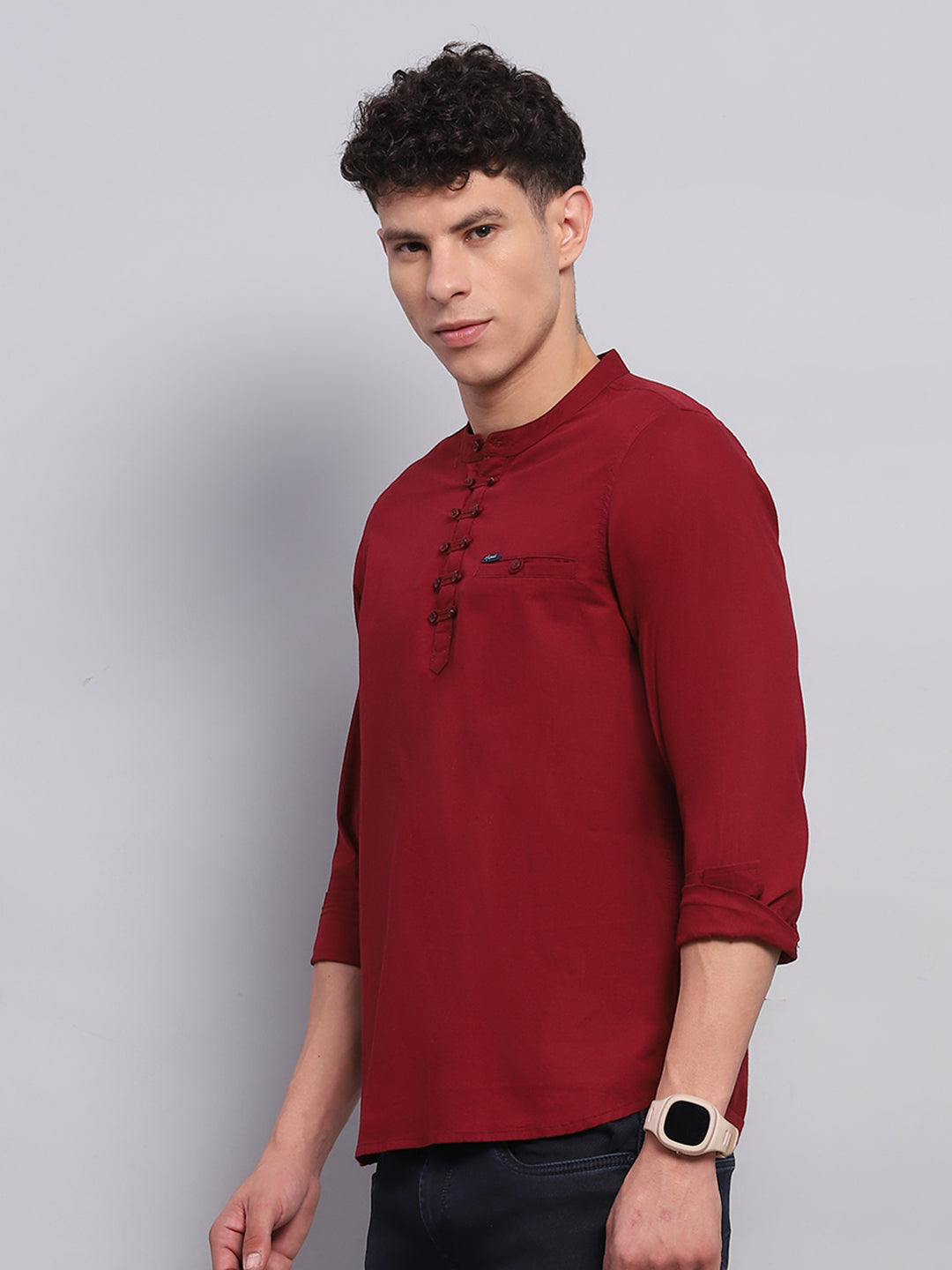 Men Maroon Solid Band Collar Full Sleeve Kurta