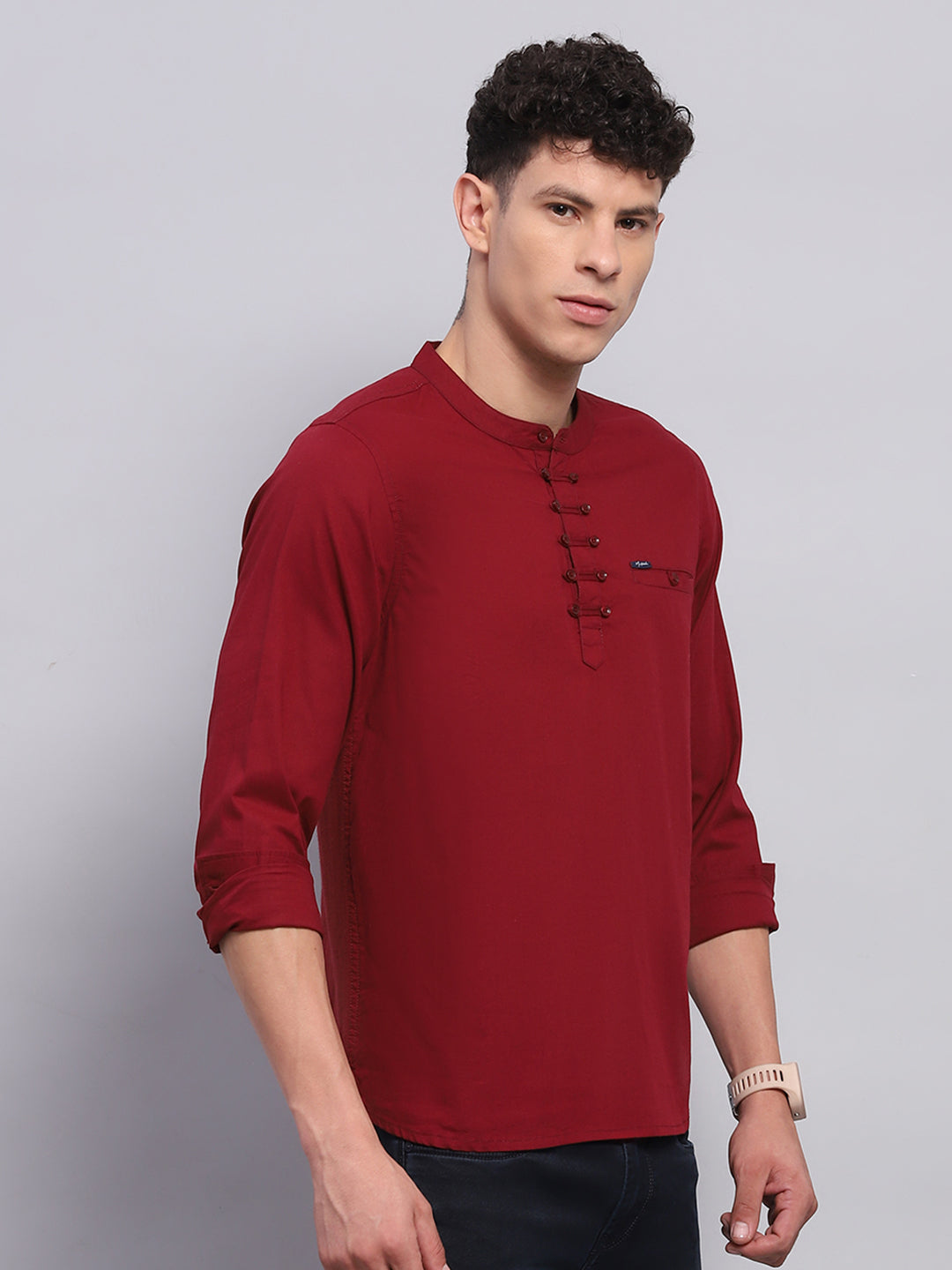 Men Maroon Solid Band Collar Full Sleeve Kurta