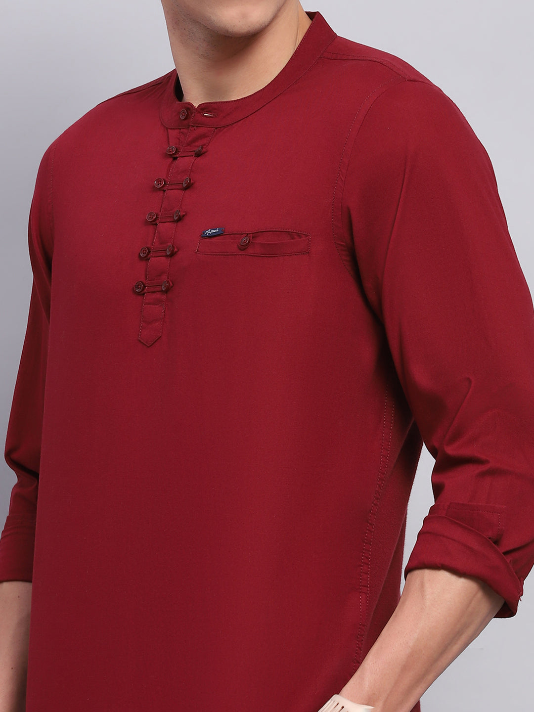 Men Maroon Solid Band Collar Full Sleeve Kurta