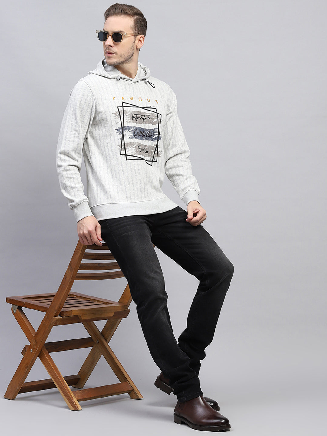 Men Grey Printed Hooded Full Sleeve Winter T-Shirt