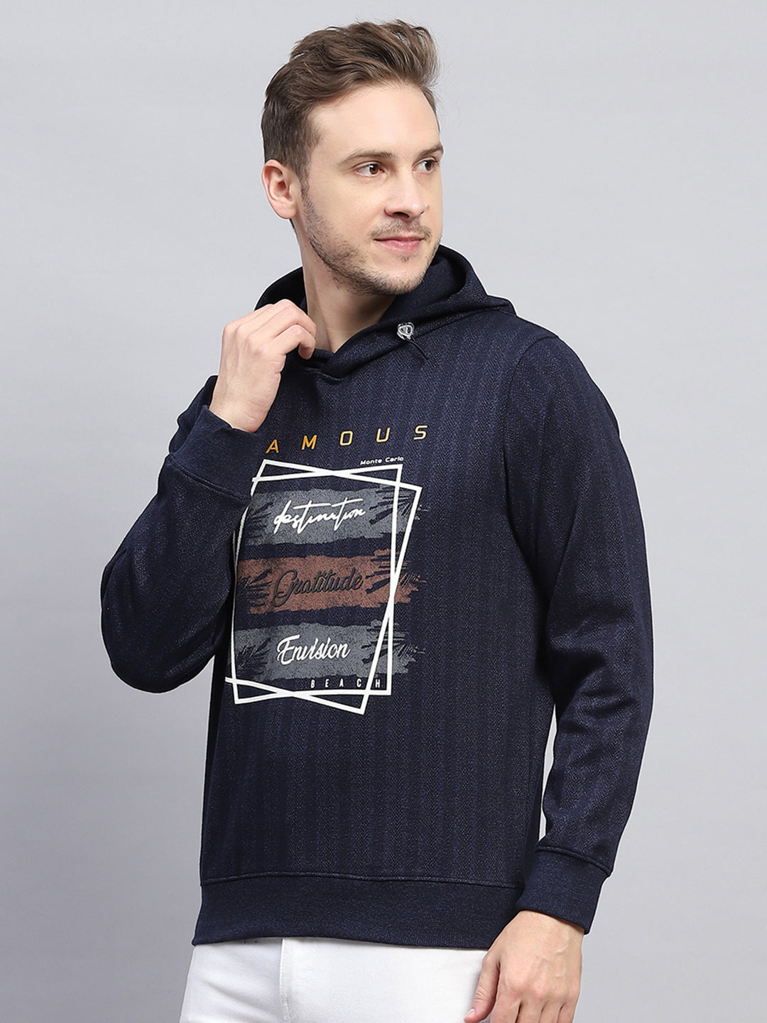 Men Navy Blue Printed Hooded Full Sleeve Winter T-Shirt