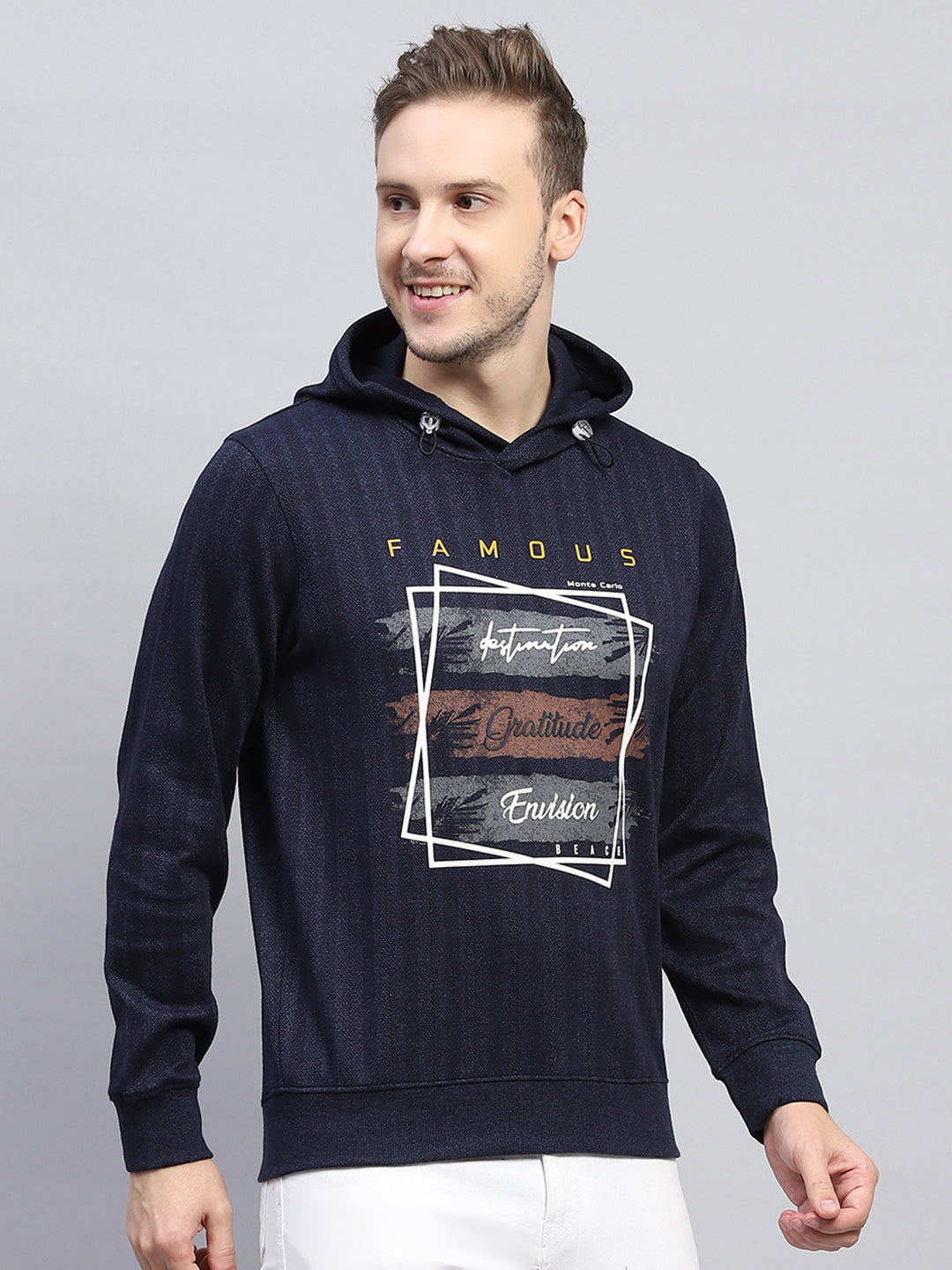 Men Navy Blue Printed Hooded Full Sleeve Winter T-Shirt