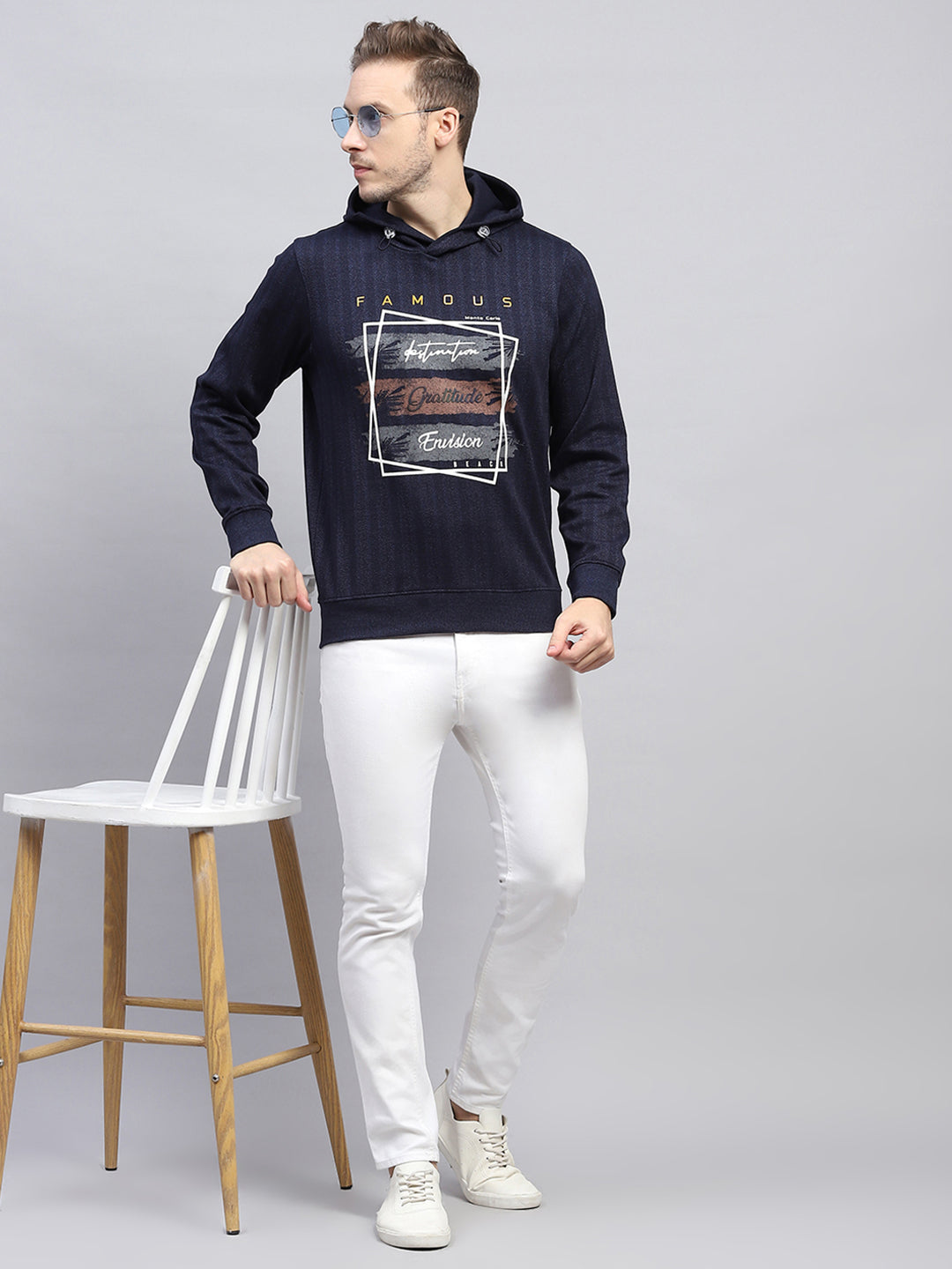 Men Navy Blue Printed Hooded Full Sleeve Winter T-Shirt