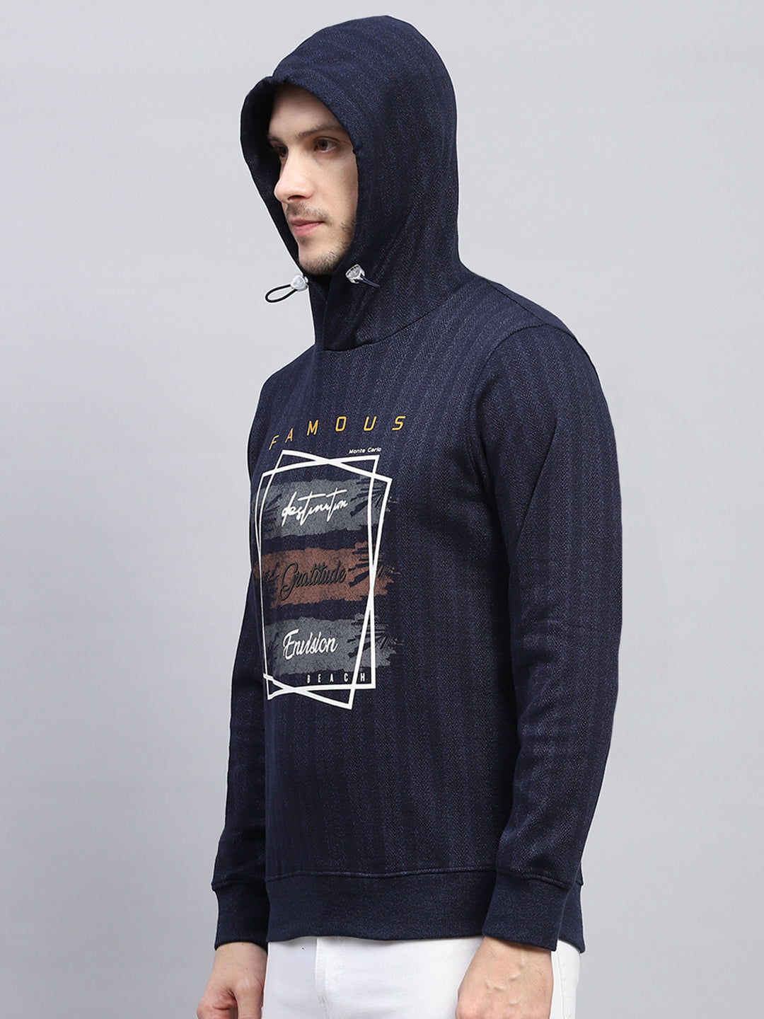 Men Navy Blue Printed Hooded Full Sleeve Winter T-Shirt