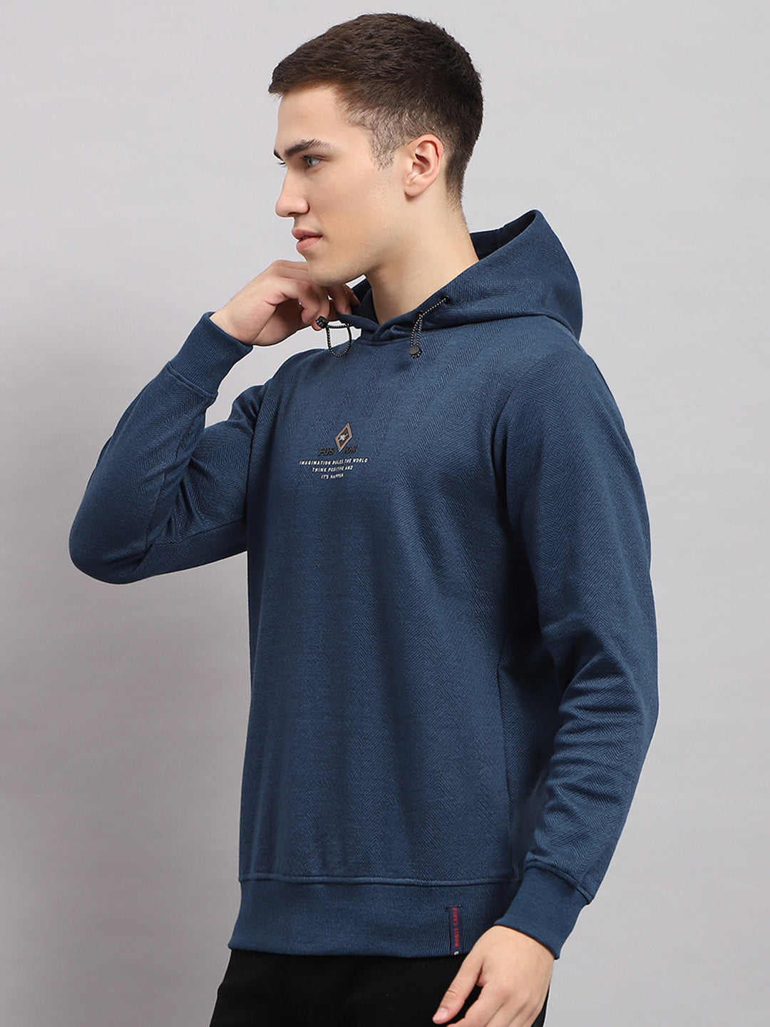 Men Blue Printed Hooded Full Sleeve T-Shirt