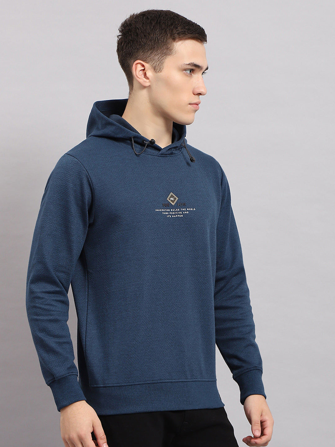 Men Blue Printed Hooded Full Sleeve T-Shirt