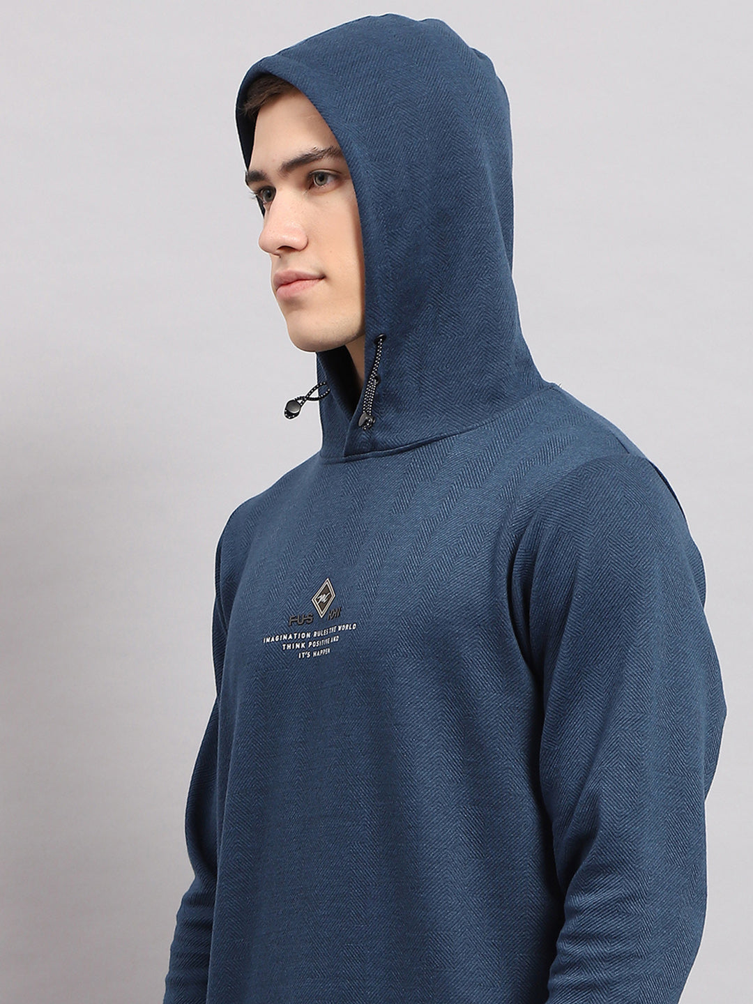 Men Blue Printed Hooded Full Sleeve T-Shirt