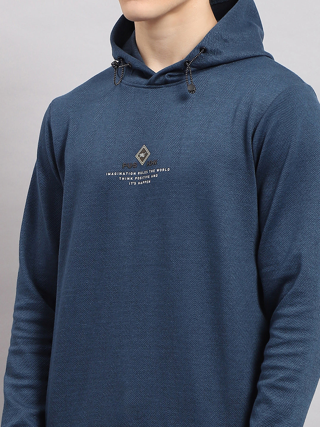 Men Blue Printed Hooded Full Sleeve T-Shirt