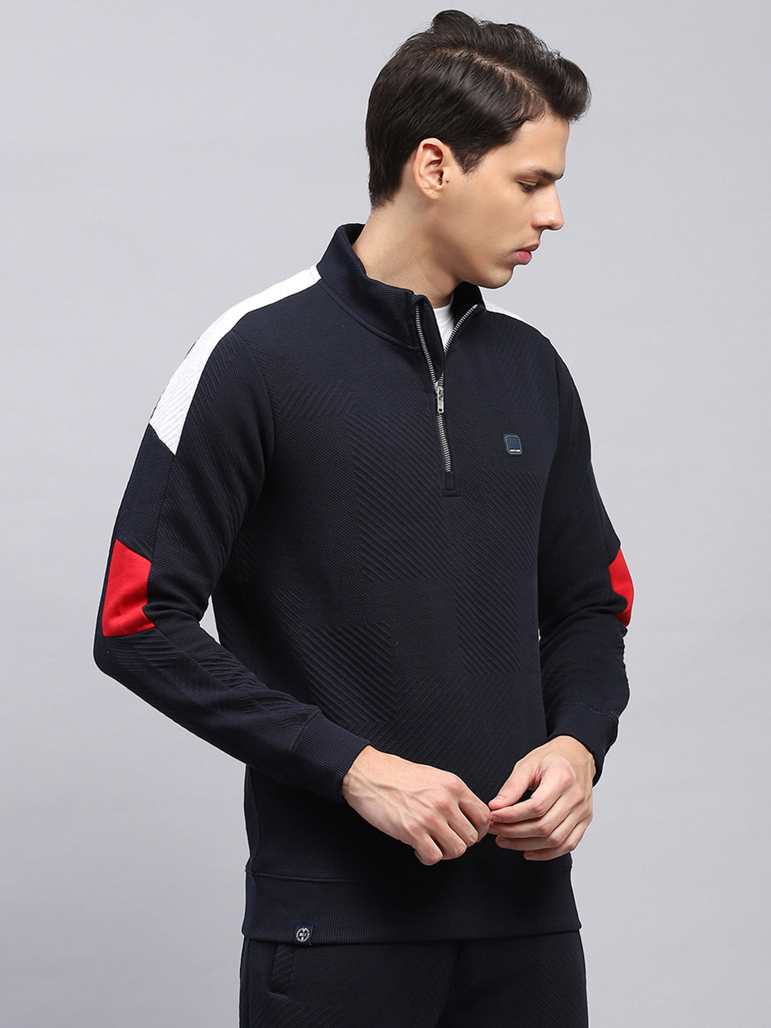 Men Navy Blue Self Design Mock Neck Full Sleeve Winter T-Shirt