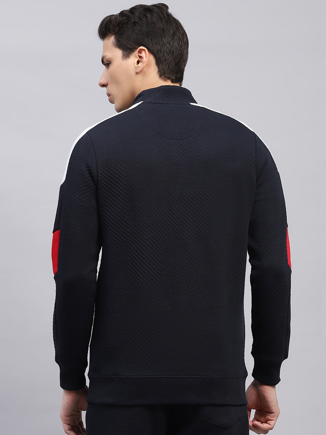 Men Navy Blue Self Design Mock Neck Full Sleeve Winter T-Shirt