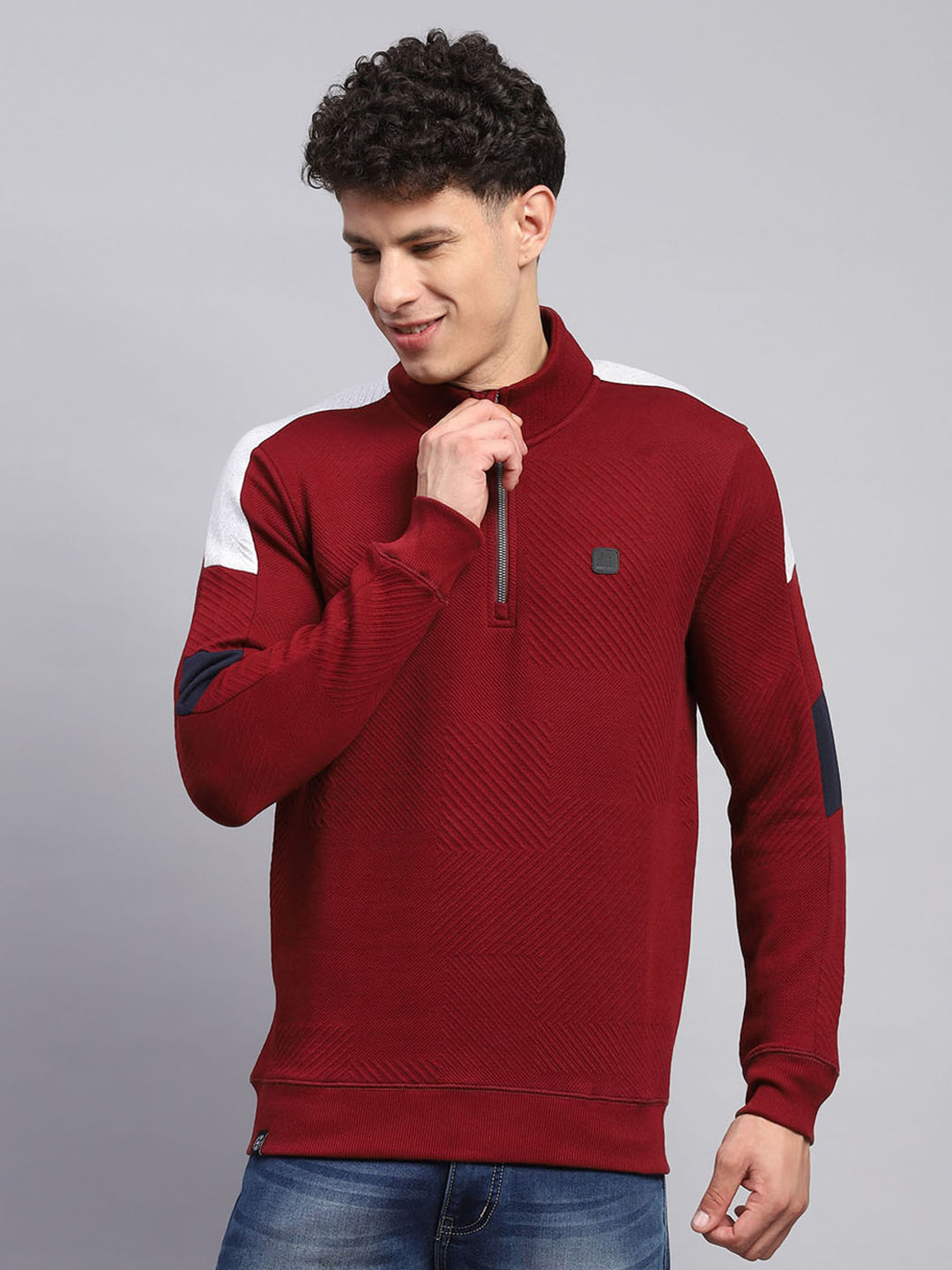 Men Maroon Self Design Mock Neck Full Sleeve Winter T-Shirt