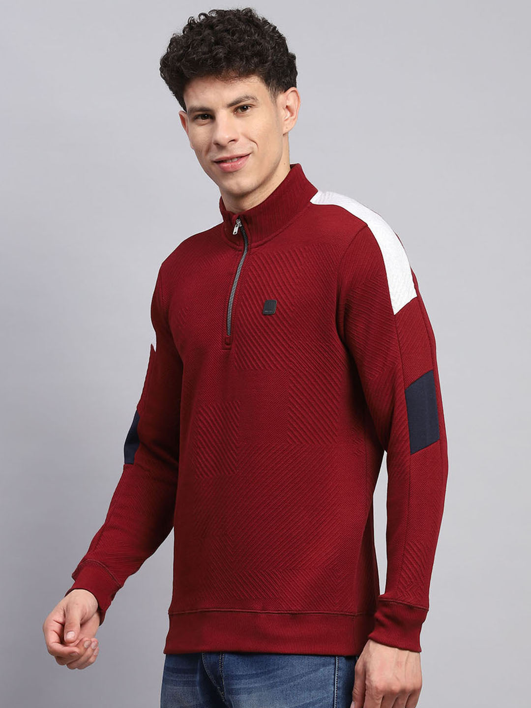 Men Maroon Self Design Mock Neck Full Sleeve Winter T-Shirt