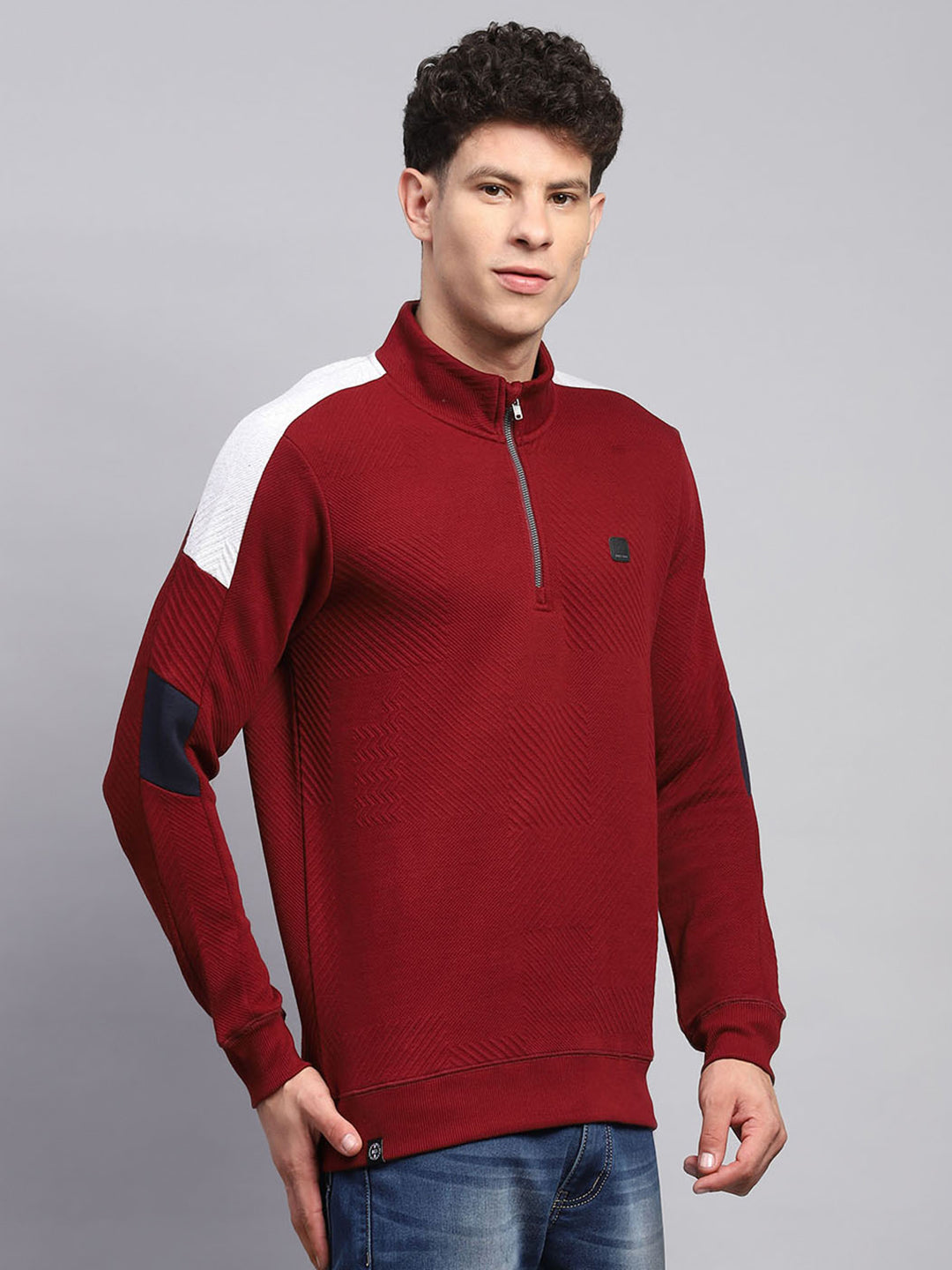 Men Maroon Self Design Mock Neck Full Sleeve Winter T-Shirt