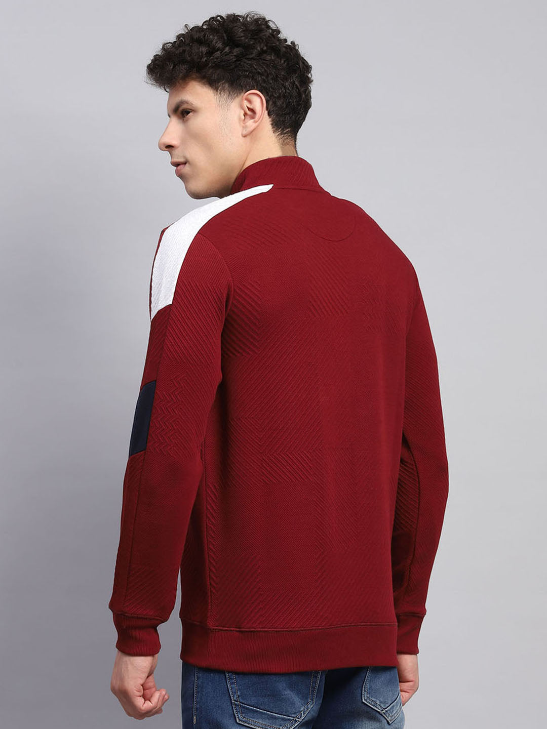 Men Maroon Self Design Mock Neck Full Sleeve Winter T-Shirt