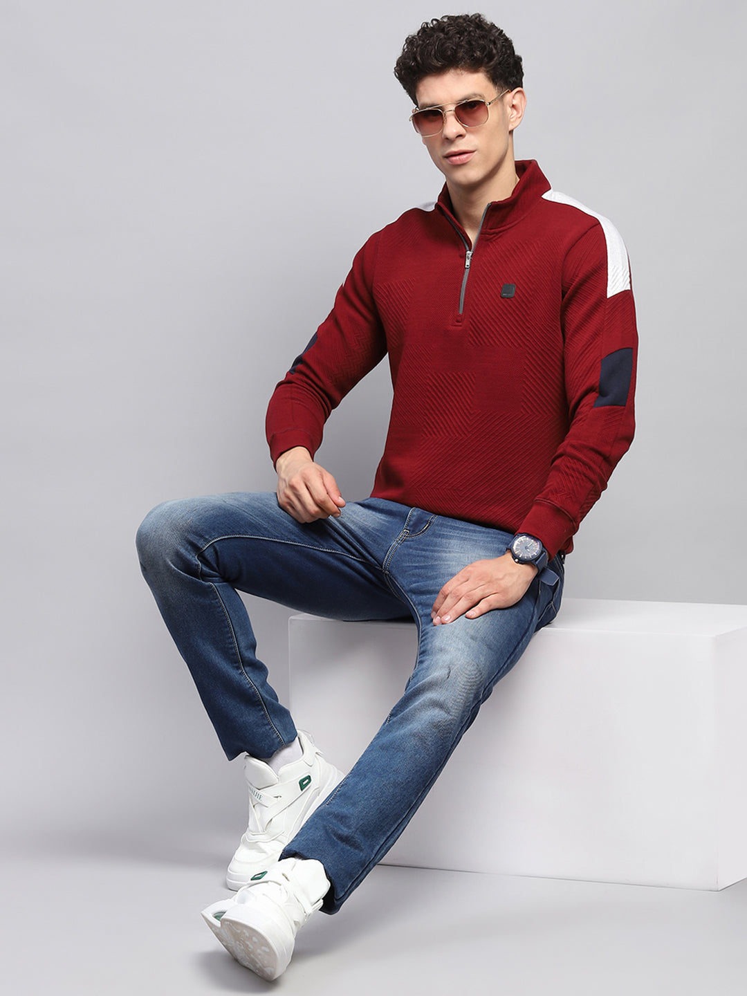 Men Maroon Self Design Mock Neck Full Sleeve Winter T-Shirt