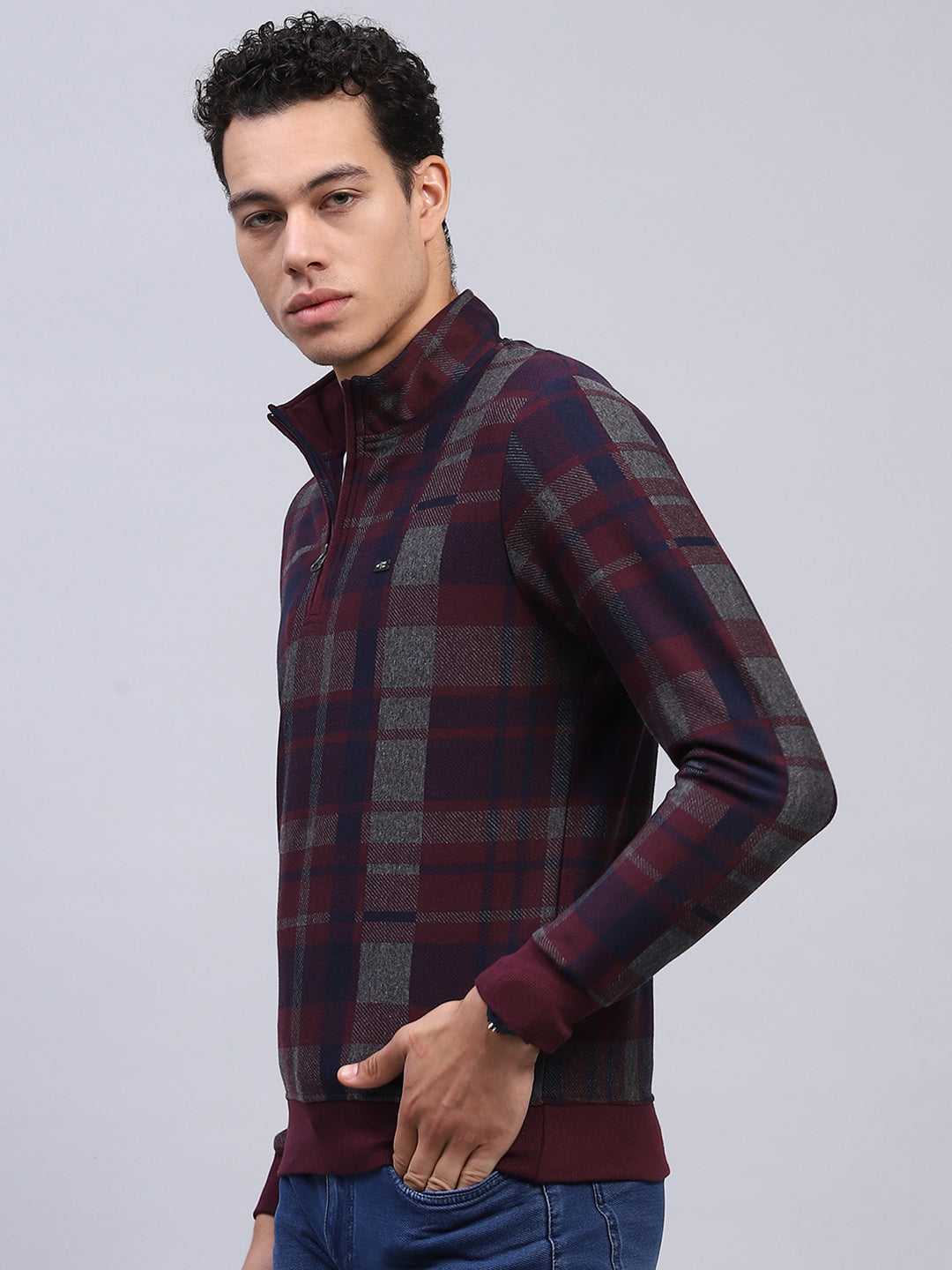 Men Maroon Check Mock Neck Full Sleeve Winter T-Shirt