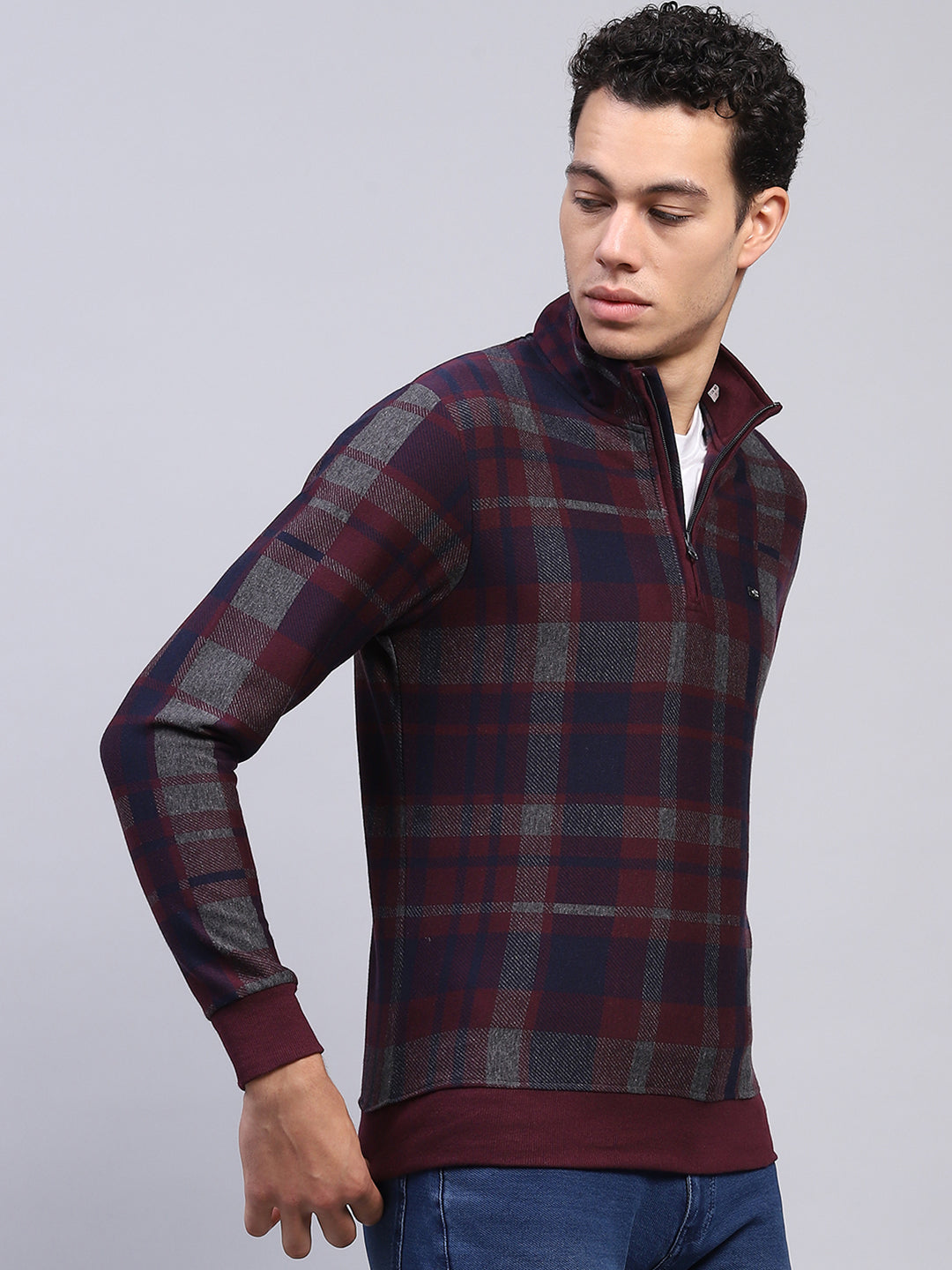 Men Maroon Check Mock Neck Full Sleeve Winter T-Shirt