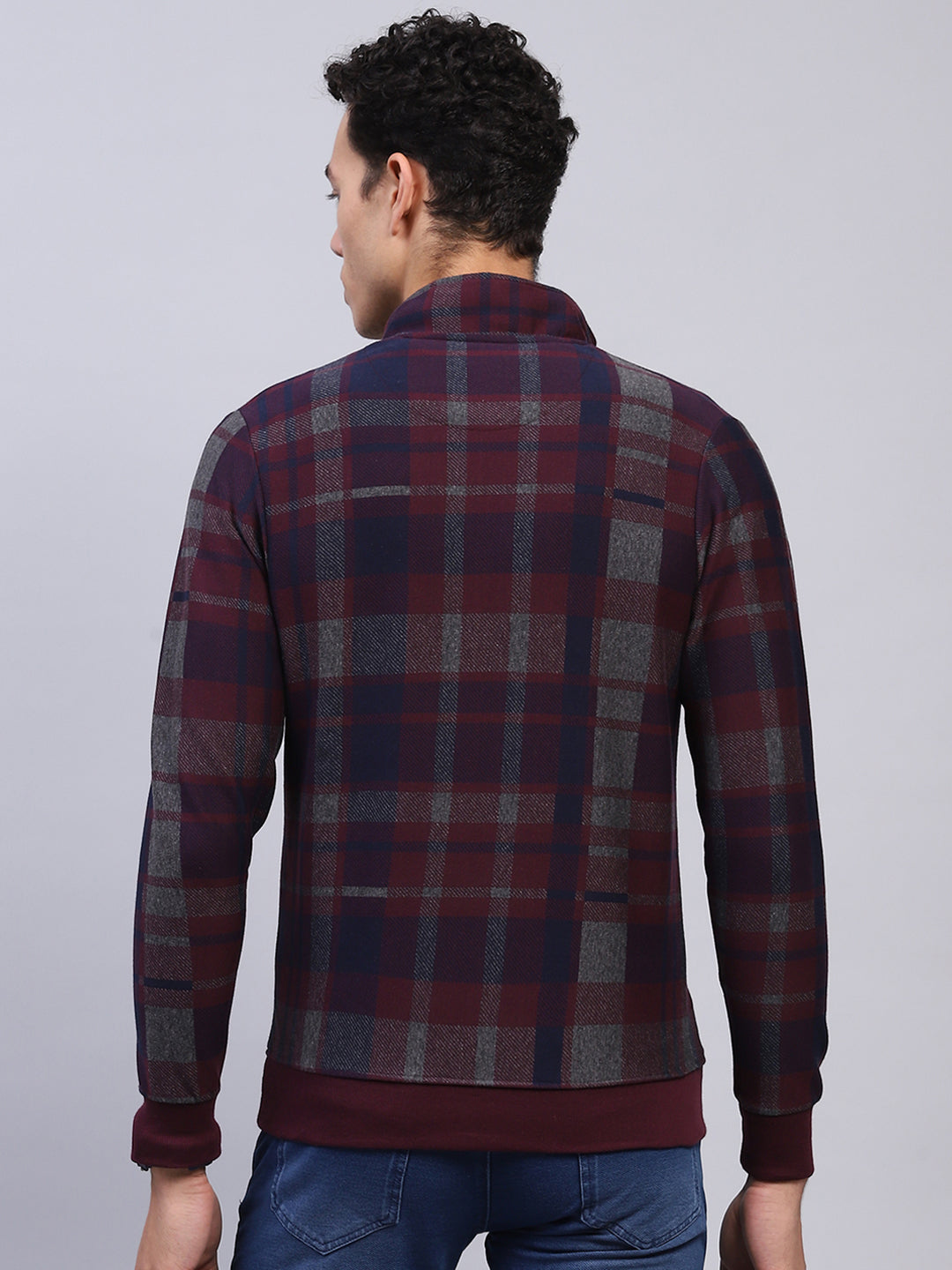 Men Maroon Check Mock Neck Full Sleeve Winter T-Shirt