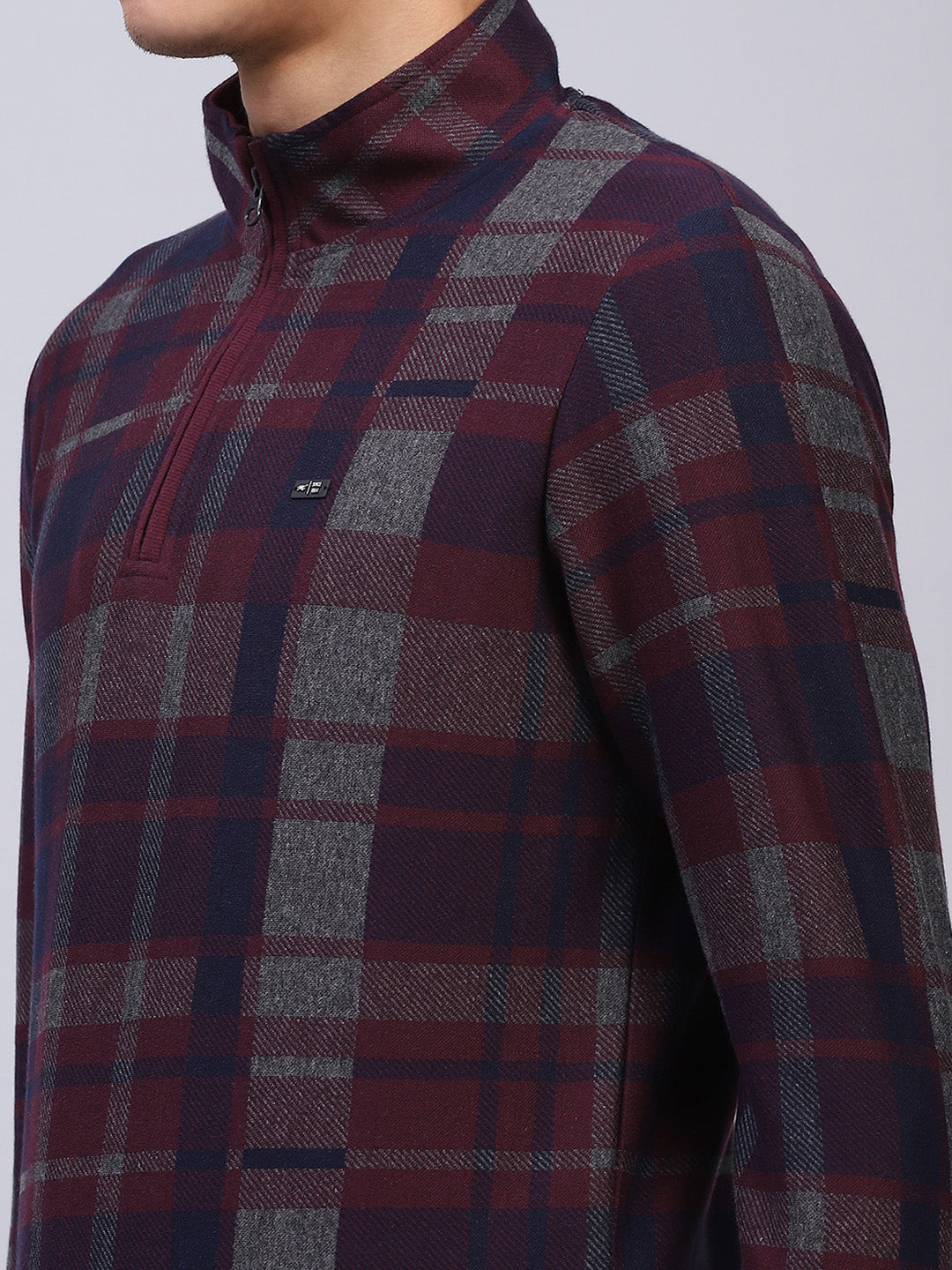 Men Maroon Check Mock Neck Full Sleeve Winter T-Shirt