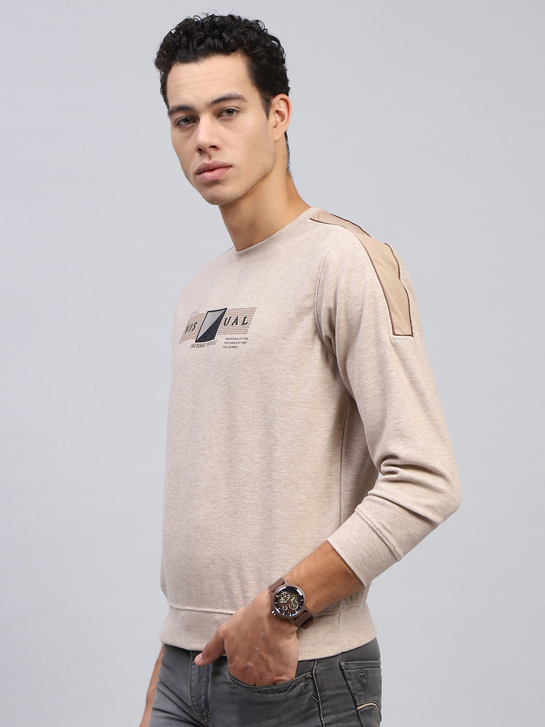 Men Beige Printed Round Neck Full Sleeve Sweatshirt