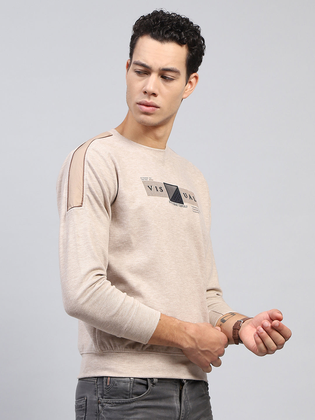 Men Beige Printed Round Neck Full Sleeve Sweatshirt