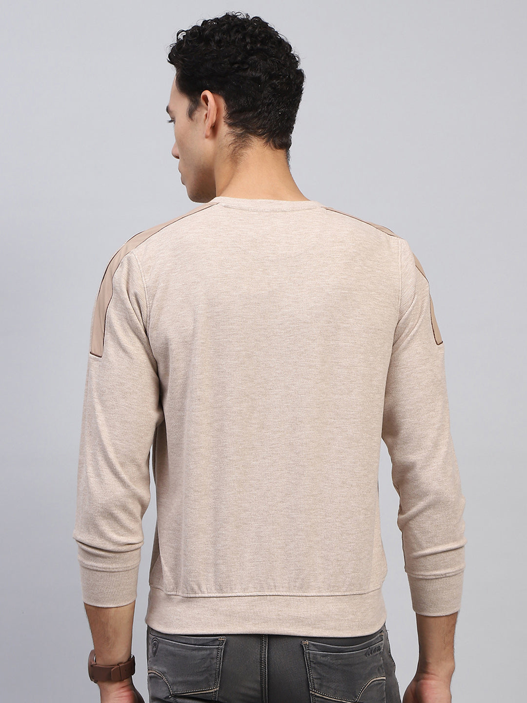 Men Beige Printed Round Neck Full Sleeve Sweatshirt