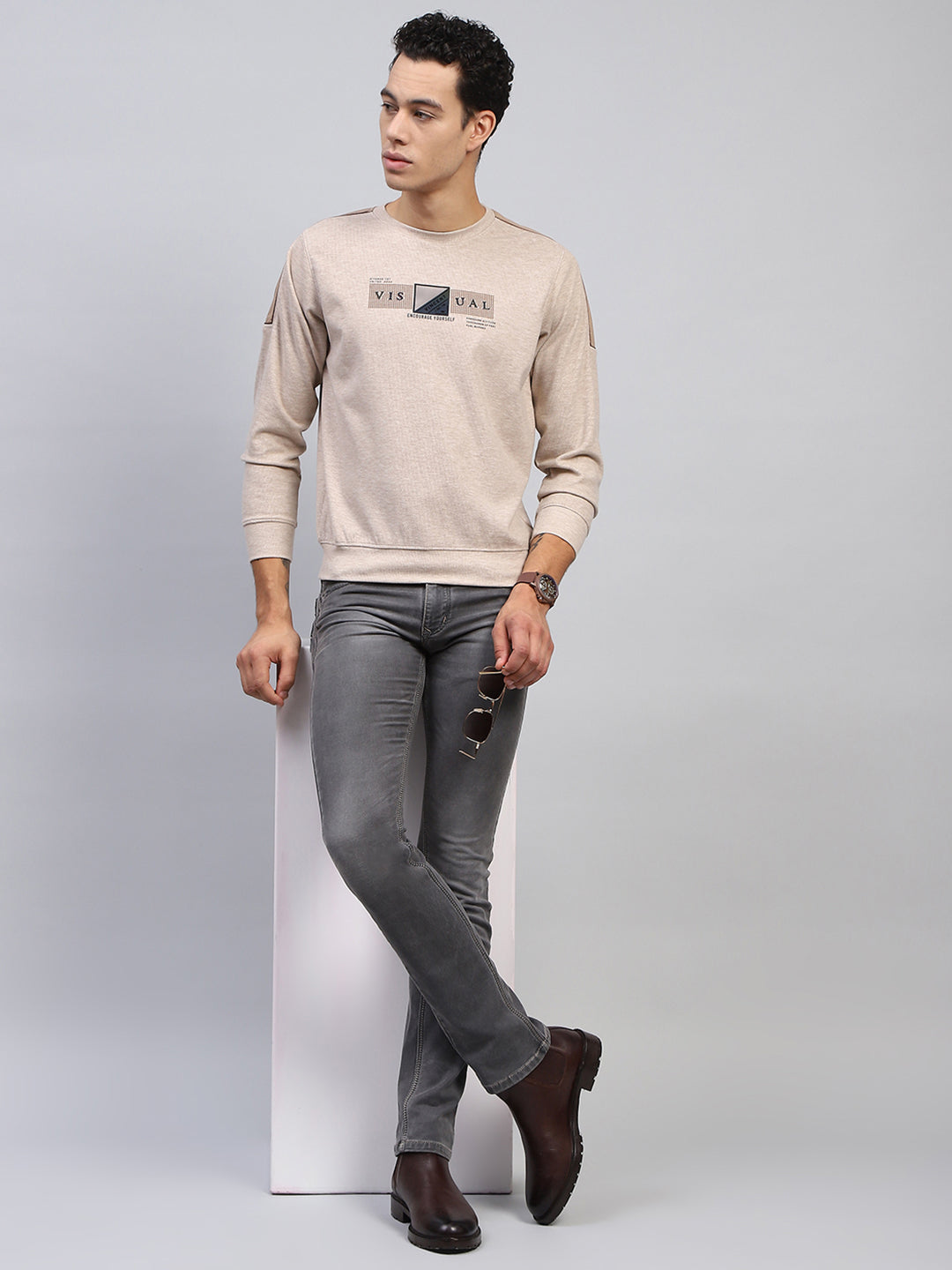 Men Beige Printed Round Neck Full Sleeve Sweatshirt