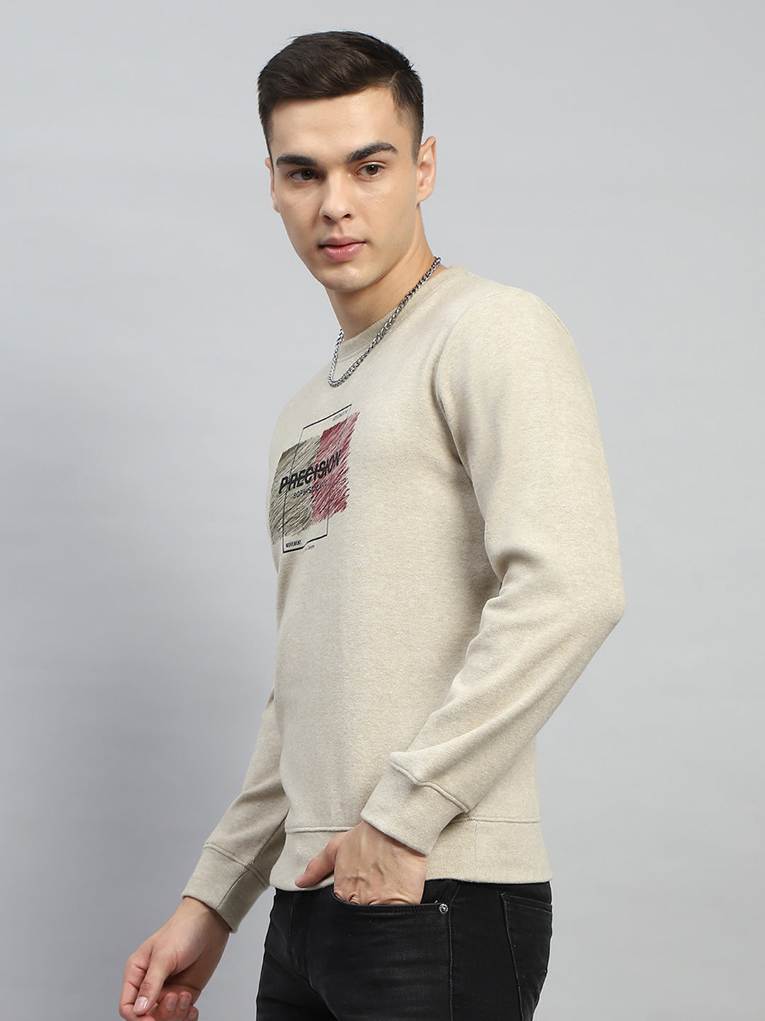 Men Beige Printed Round Neck Full Sleeve Sweatshirt