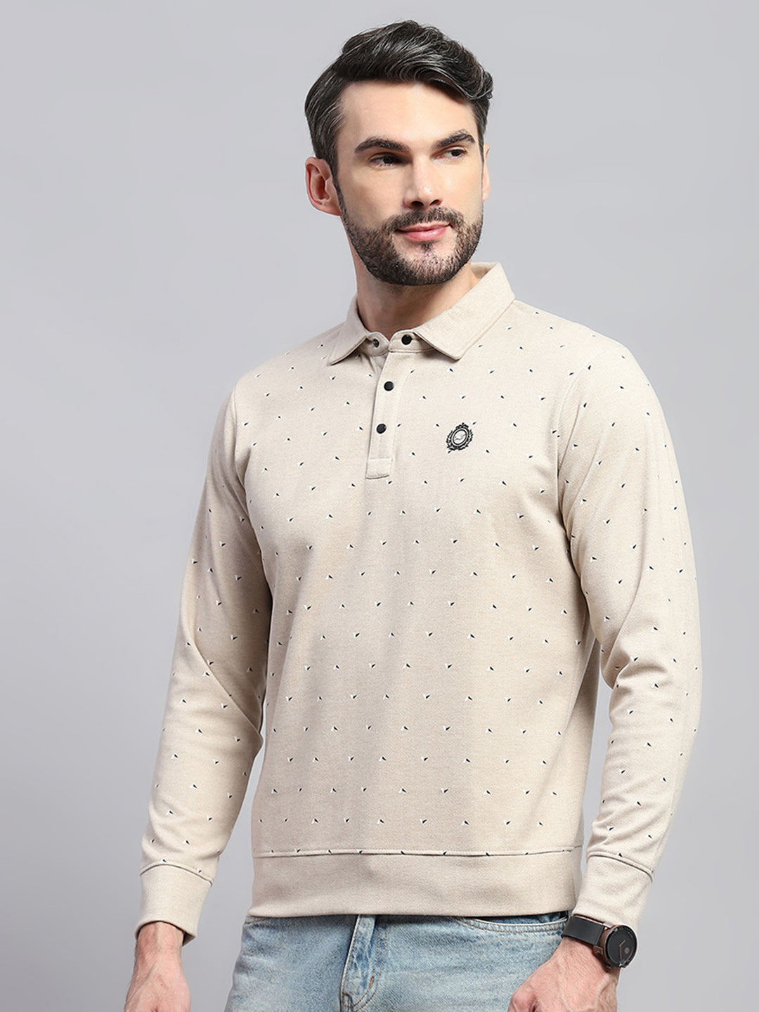 Men Beige Printed Collar Full Sleeve Sweatshirt