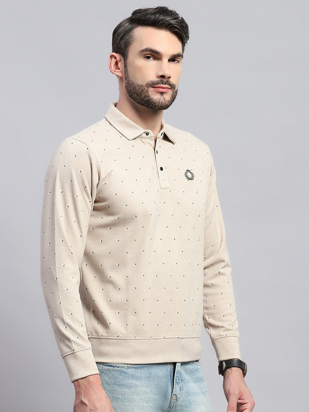 Men Beige Printed Collar Full Sleeve Sweatshirt