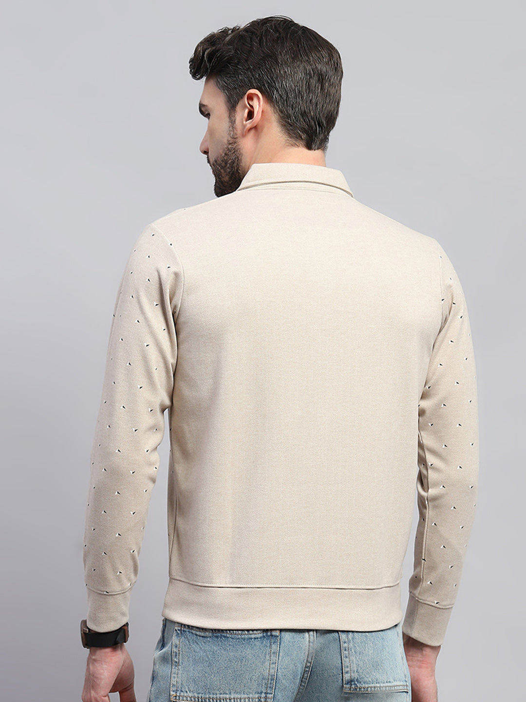 Men Beige Printed Collar Full Sleeve Sweatshirt