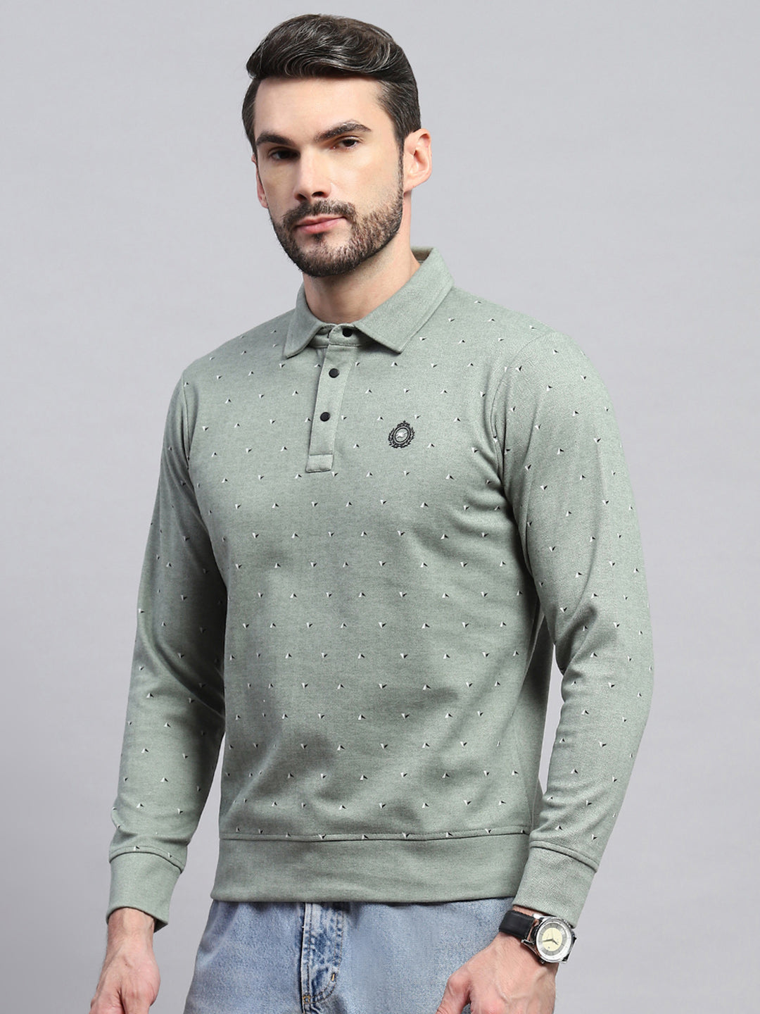 Men Green Printed Collar Full Sleeve Sweatshirt