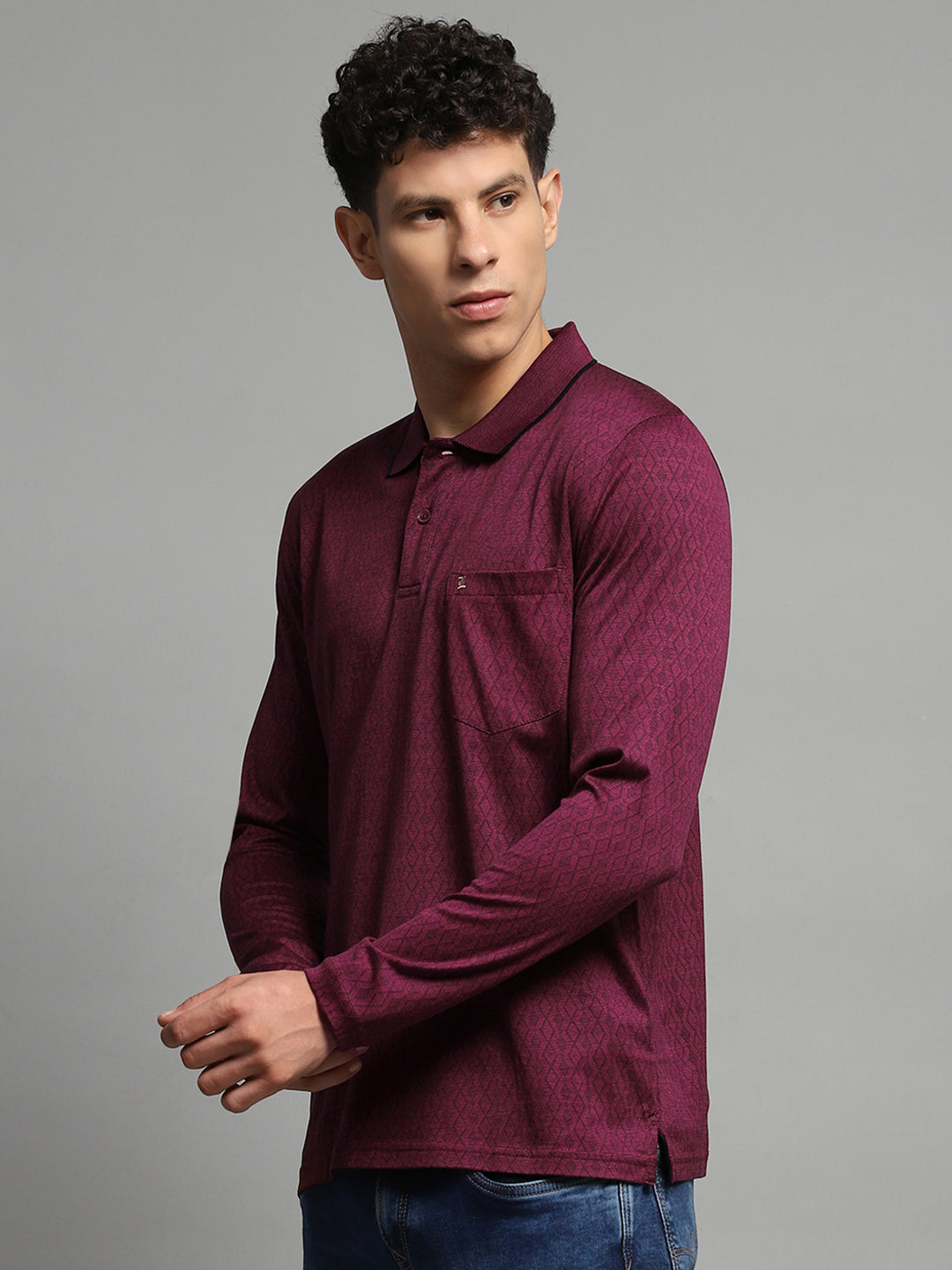 Men Maroon Self Design Collar Full Sleeve Winter T-Shirt