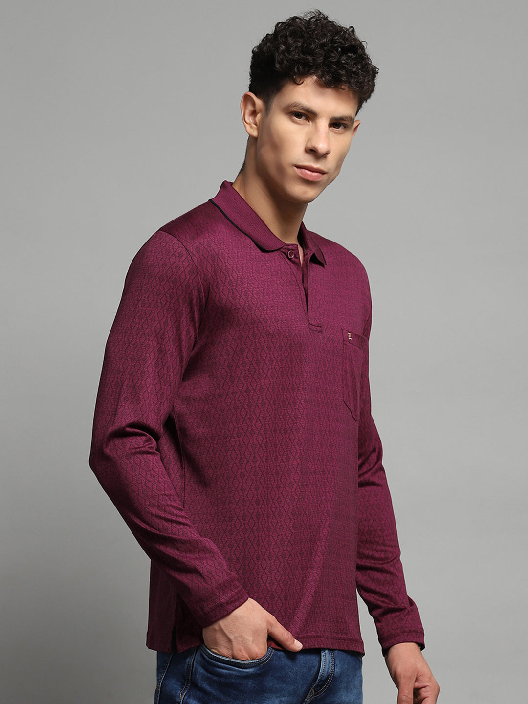 Men Maroon Self Design Collar Full Sleeve Winter T-Shirt