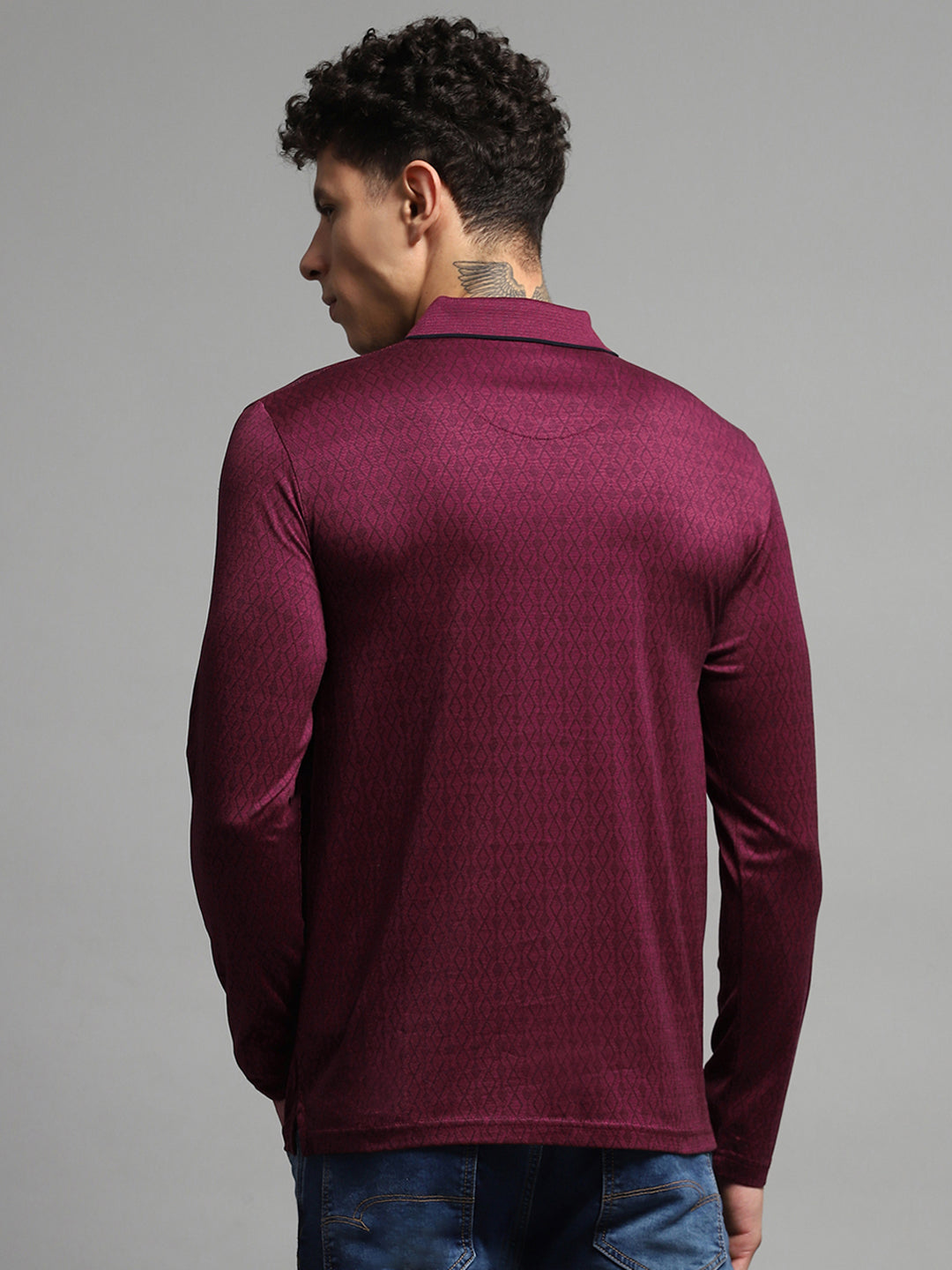 Men Maroon Self Design Collar Full Sleeve Winter T-Shirt