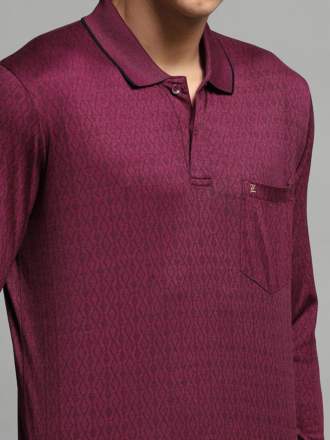 Men Maroon Self Design Collar Full Sleeve Winter T-Shirt