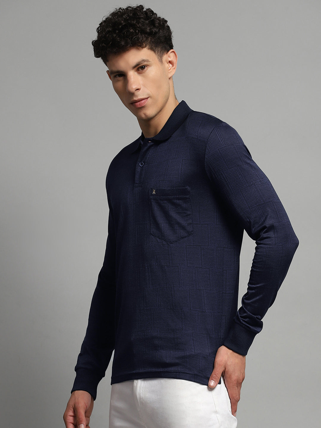 Men Navy Blue Self Design Collar Full Sleeve Winter T-Shirt