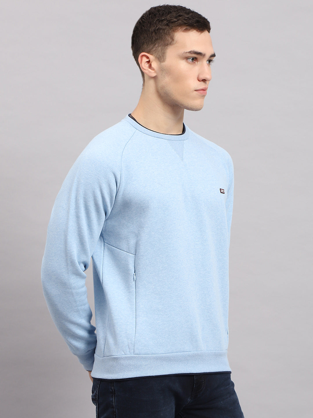 Men Blue Solid Round Neck Full Sleeve Sweatshirt