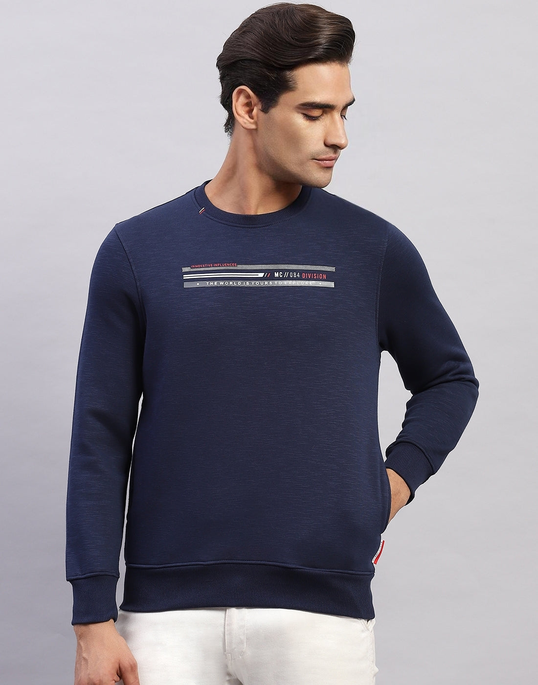 Men Navy Blue Printed Round Neck Full Sleeve Sweatshirt