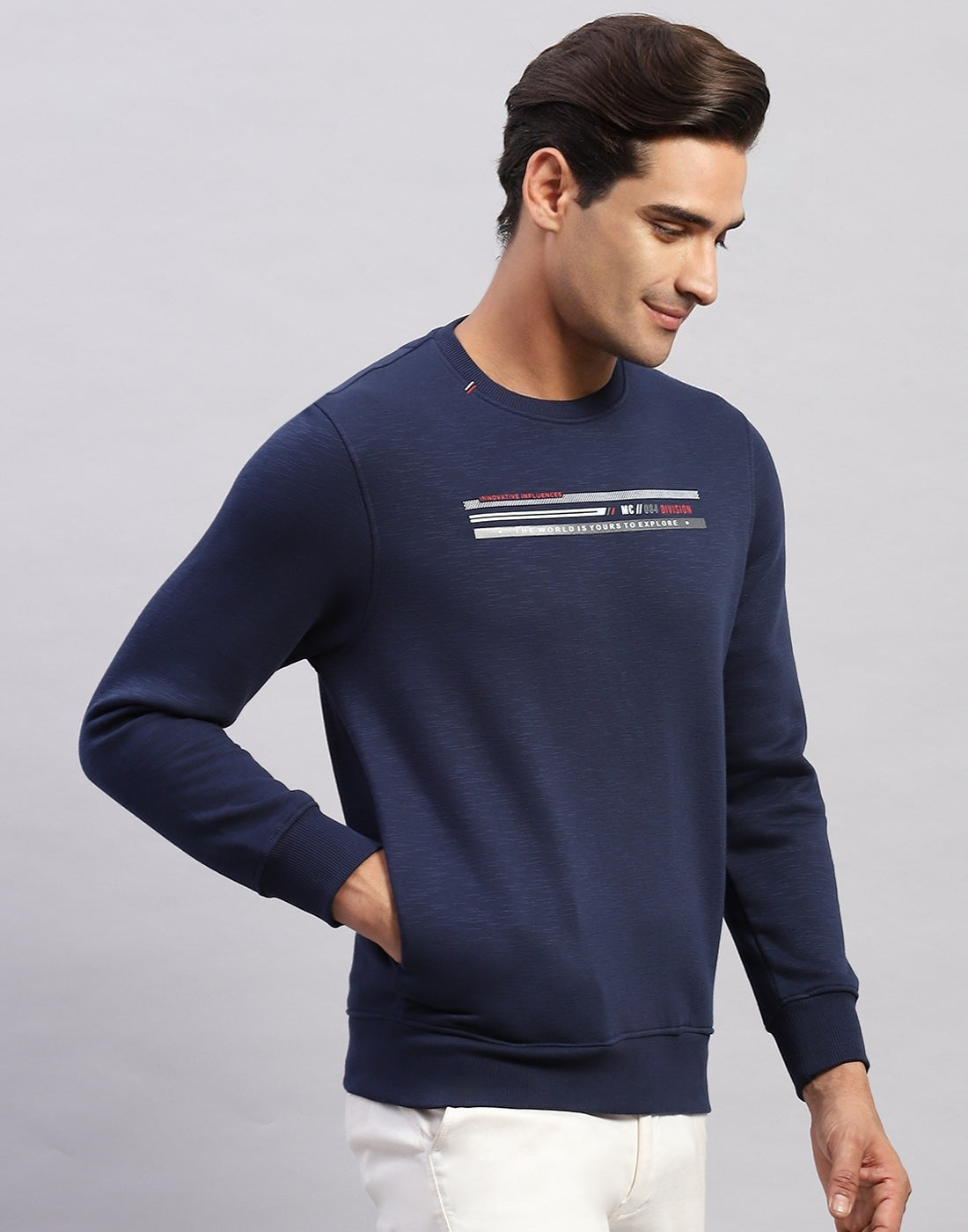 Men Navy Blue Printed Round Neck Full Sleeve Sweatshirt