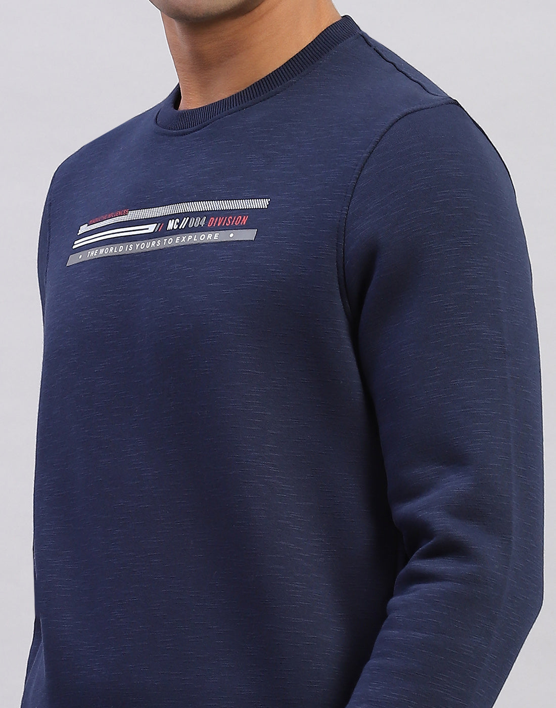 Men Navy Blue Printed Round Neck Full Sleeve Sweatshirt