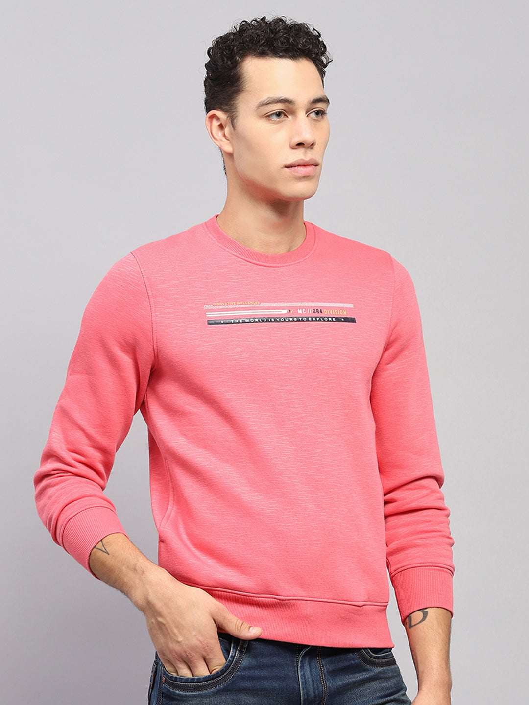 Men Pink Printed Round Neck Full Sleeve Sweatshirt